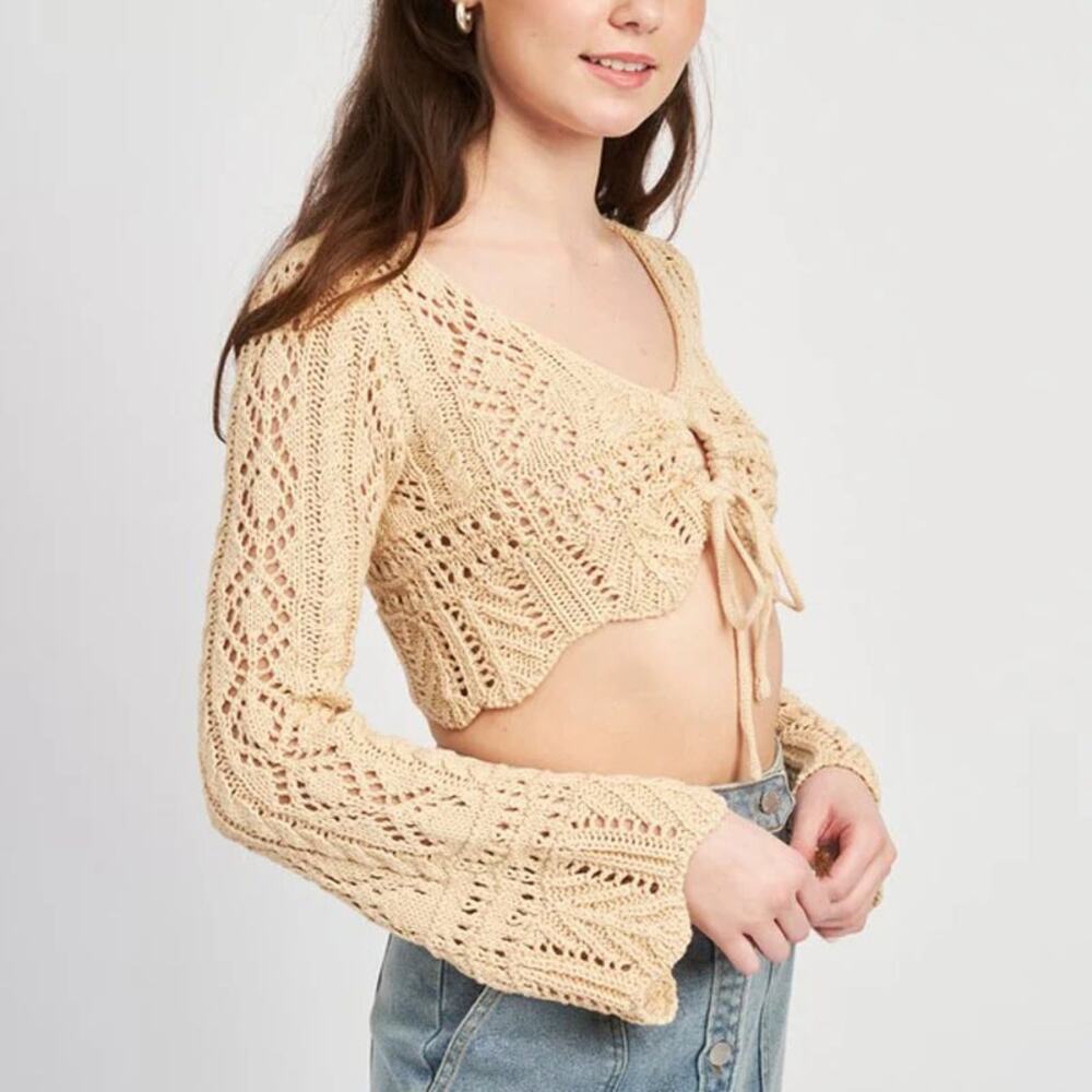 JLUXLABEL Beige Crochet Knit Long Sleeve Crop Top Lace Up Front Boho Size M